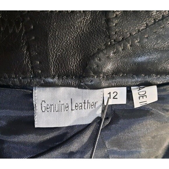 VINTAGE 90s Genuine Leather Patchwork Black Pencil Skirt High Waisted Sz 12 XLNT - Picture 4 of 5